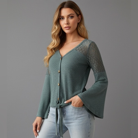 Ribbed Lace Bell Sleeve Tie Front Tee - Picture 1 of 6